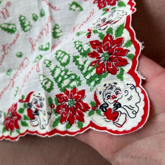 VTG 50s Christmas Hankie – Santa, Poinsettias, Trees – 13” Square - Picture 7 of 7